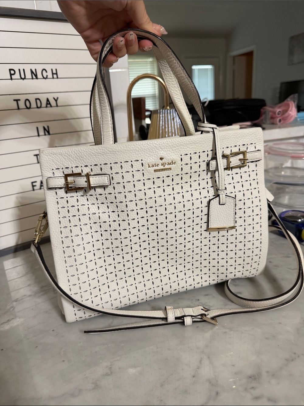 kate spade White Perforated Leather Satchel with Gold Hardware